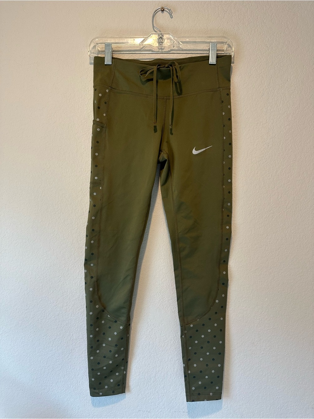 Nike Dri-FIT Power Racer Flash running leggings in Olive Green Polka Dot size S